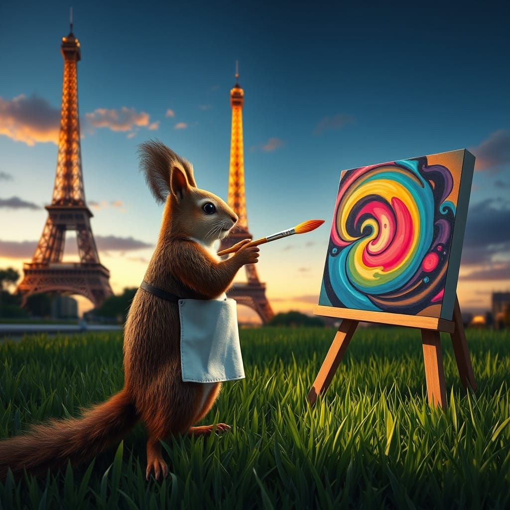 Whimsical Squirrel Artist at Eiffel Tower Dusk
