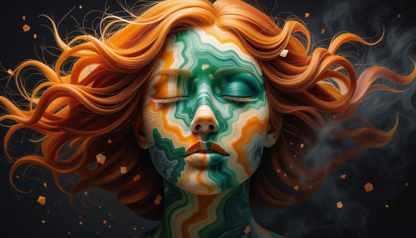 Agate Face with Flowing Hair and Copper Echoes