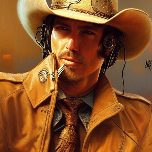 Cyberpunk Cowboy Portrait in Detailed Oil Painting