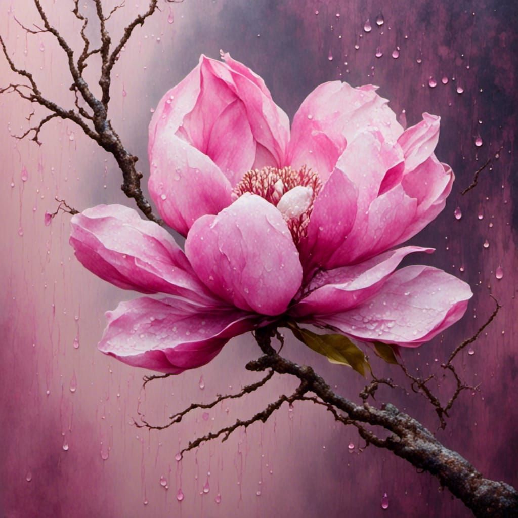 Magnolia Flower in Rain, Pointillism Watercolor Style