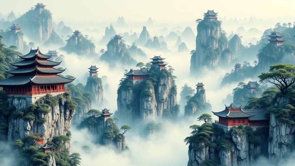 Mist-Shrouded Chinese Harbor with Mountain Temple