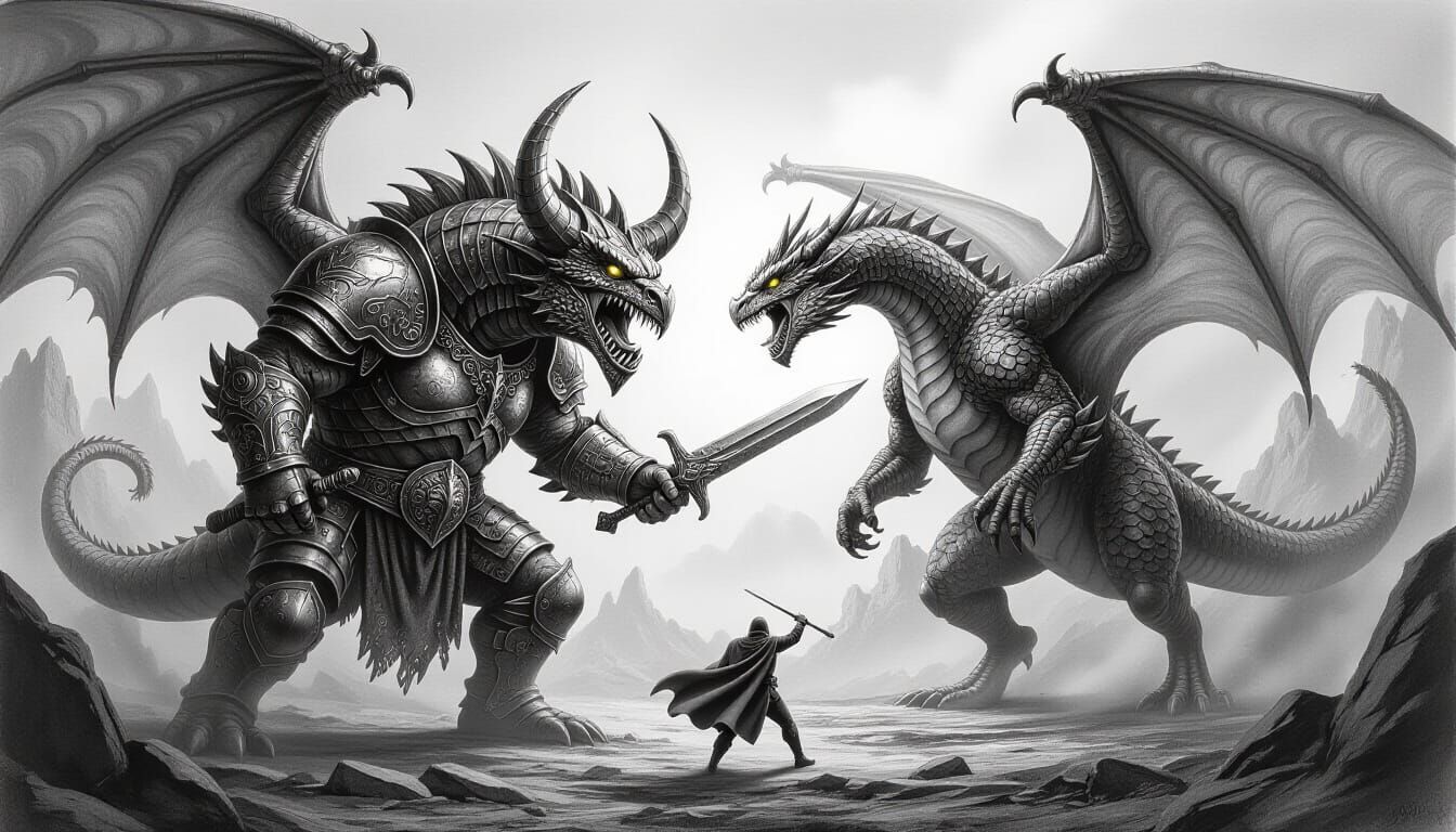 Minotaur Warrior Battles Massive Dragon in Charcoal