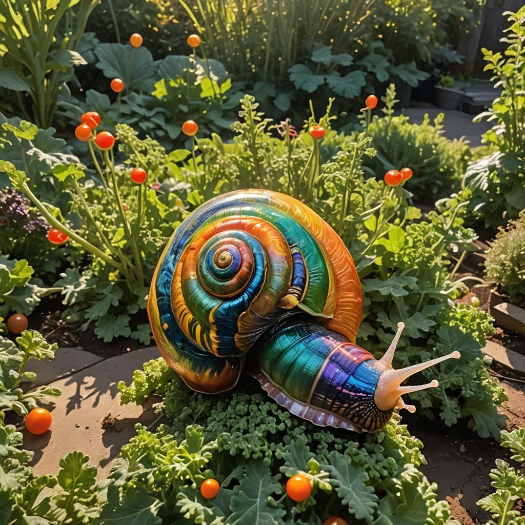Rainbow Alien Snail Enjoys Garden at Sunset