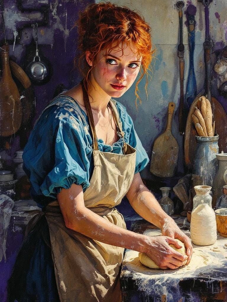 Redhead Baker Kneading Dough in Alla Prima Style