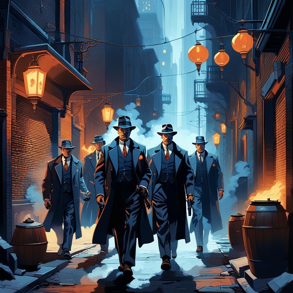 Chicago Mobsters with Tommy Guns: Matte Painting Style