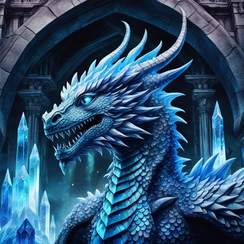 Crystal Dragon with Blue Fire in Mystical Landscape