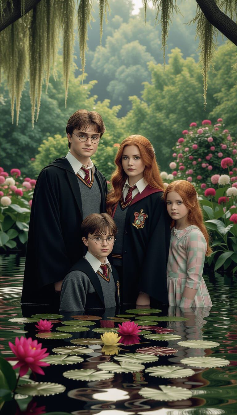 Harry Potter Family in Lush Garden, Hyperrealistic Photo