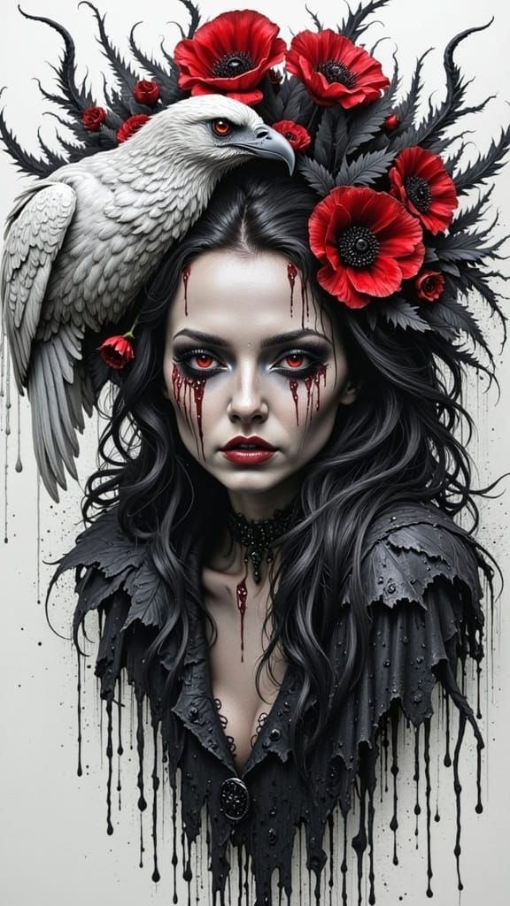 Goddess with Raven and Poppies: Charcoal Fantasy Sketch