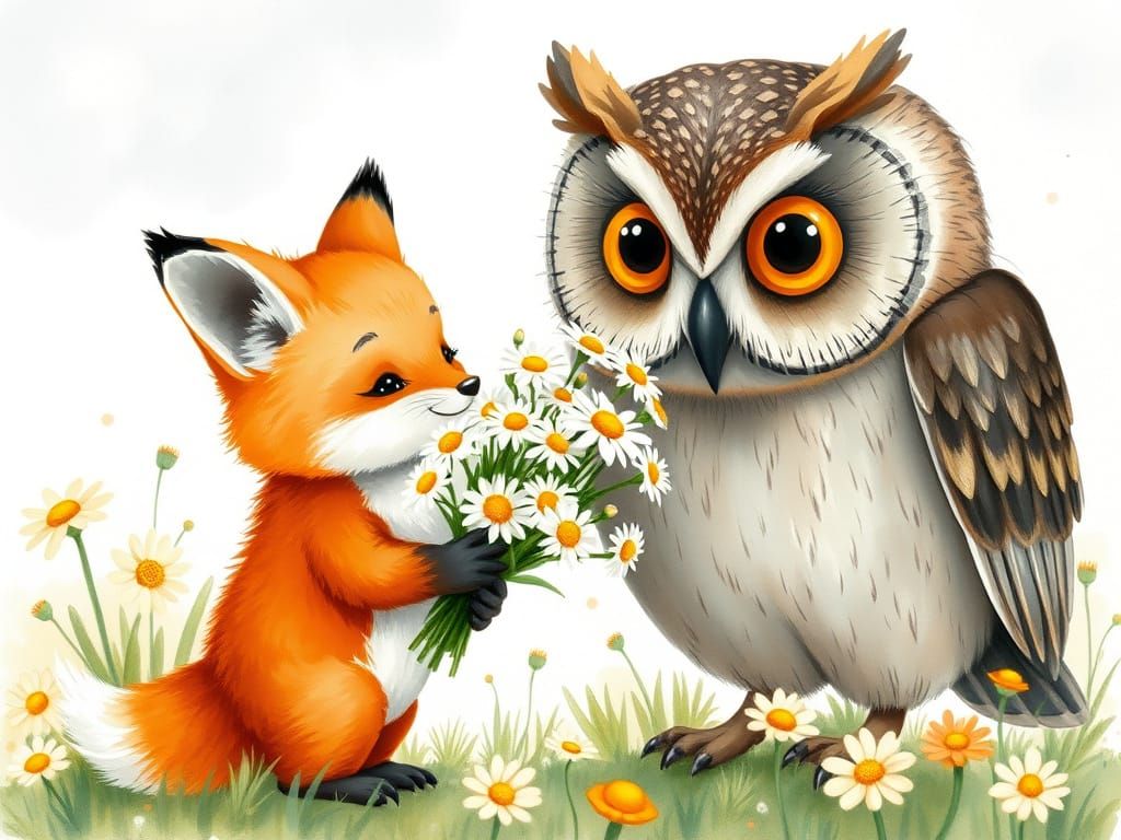 Cute Fox Cub Offers Giant Daisy Bouquet to Owl in Watercolor...