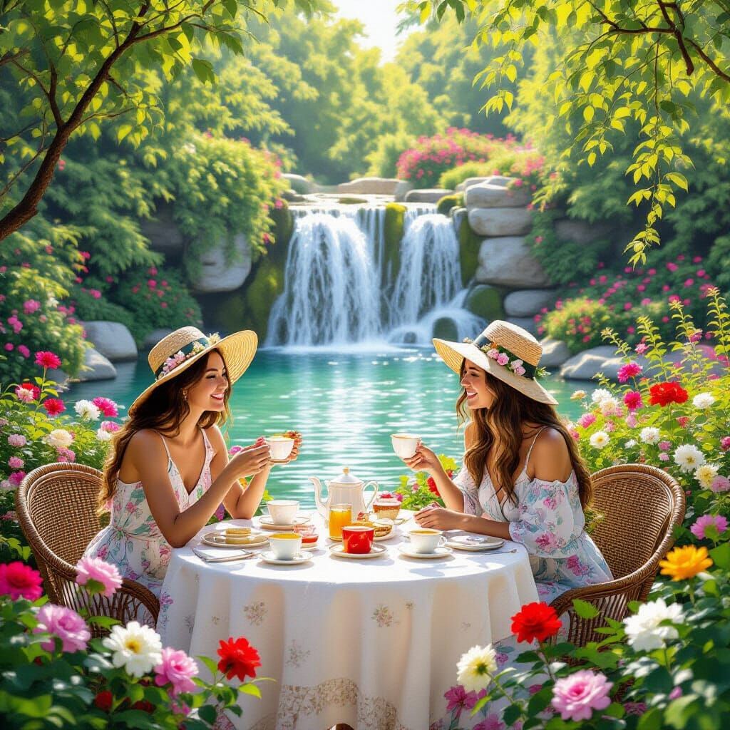 Enchanting Tea Party by Waterfall in Flower Garden