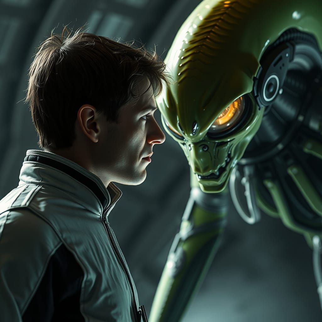 First Contact: Human and Alien in Futuristic Scene