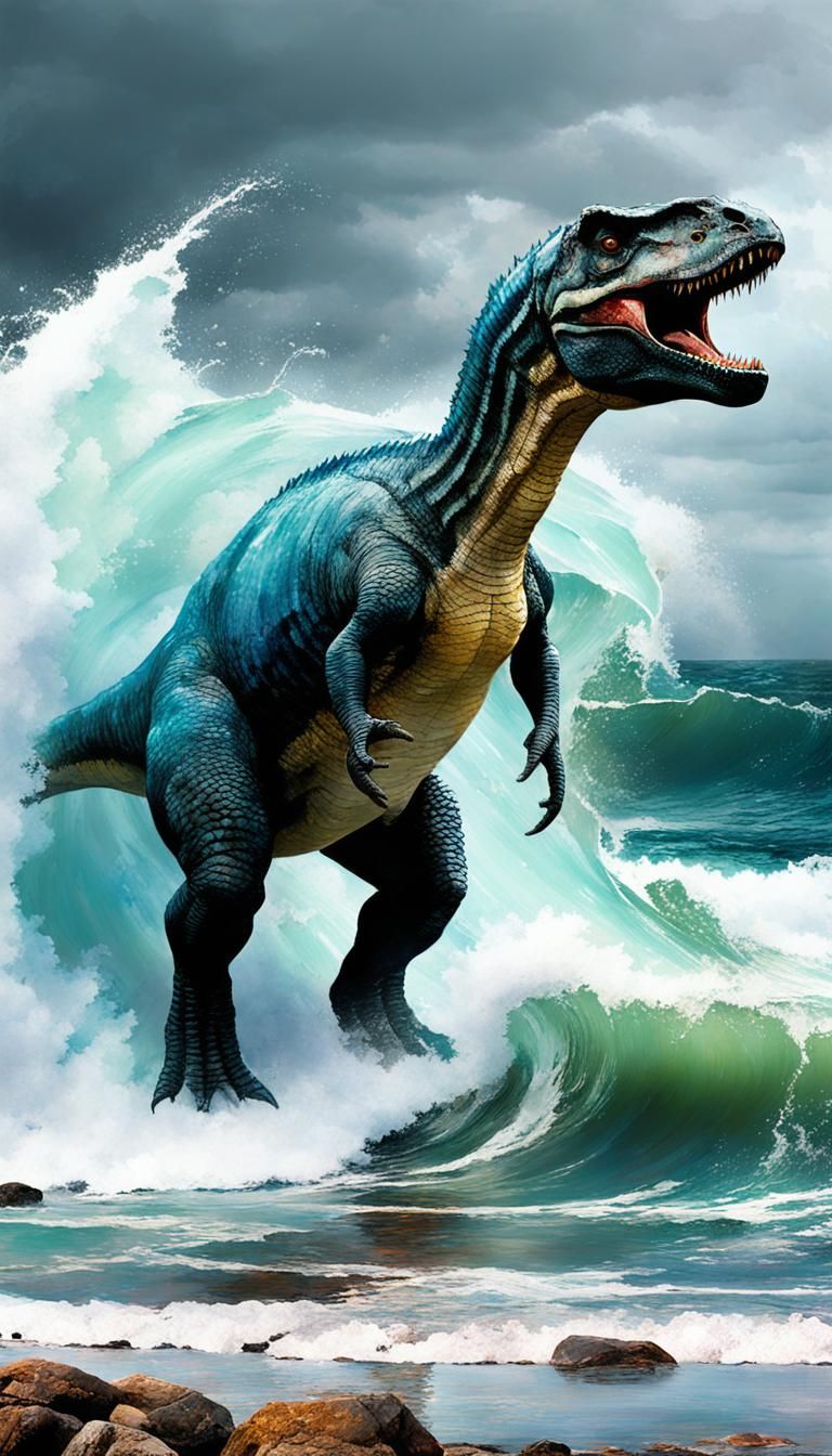 Plesiosaur in Stormy Seas with Colored Ink Effect