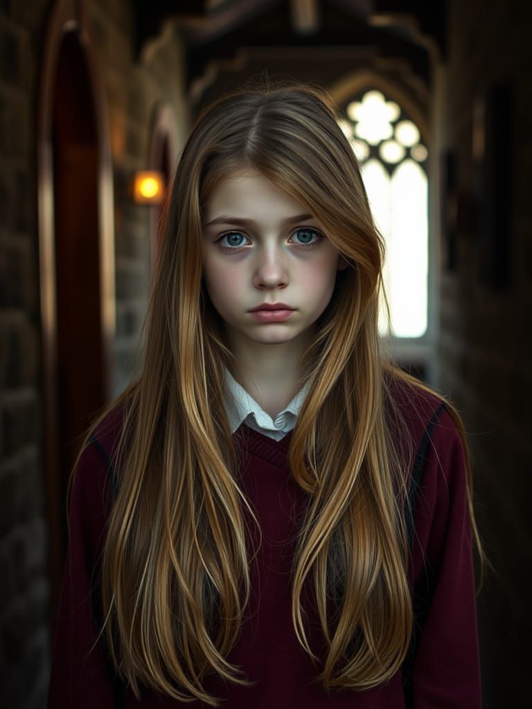 Sorrowful Young Girl in Gryffindor Uniform in a Dimly Lit Co...