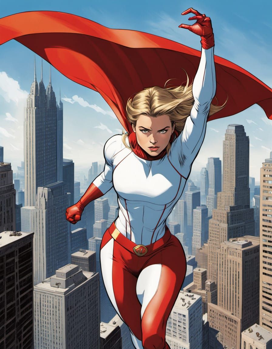 Elegant Kryptonian Superheroine in Iconic White and Red Cost...