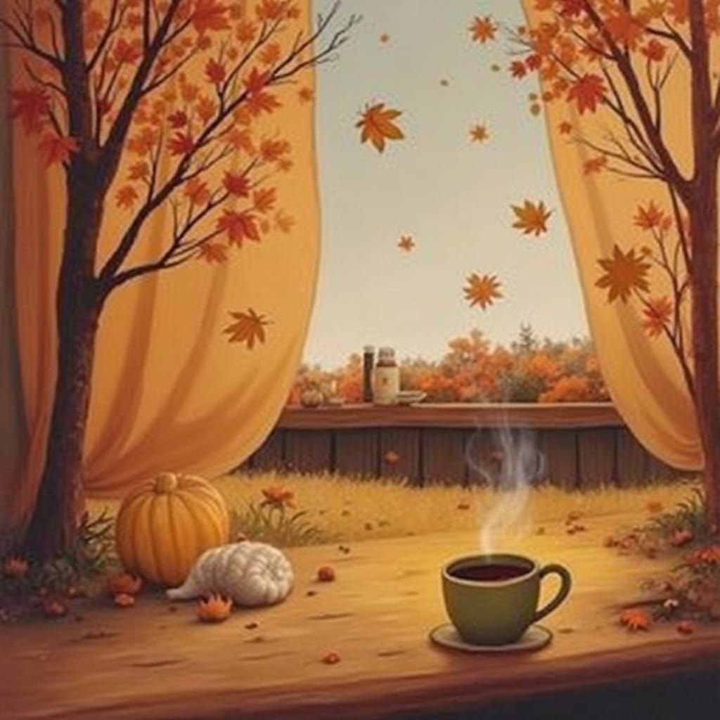 Cozy Autumn Arrives with Warm Tea and Falling Leaves