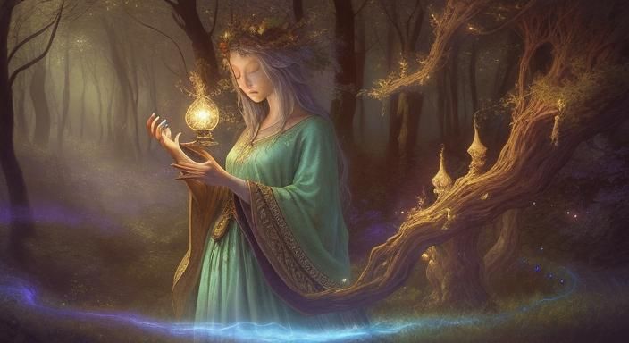Druid in Mystical Forest with Magic Lamp