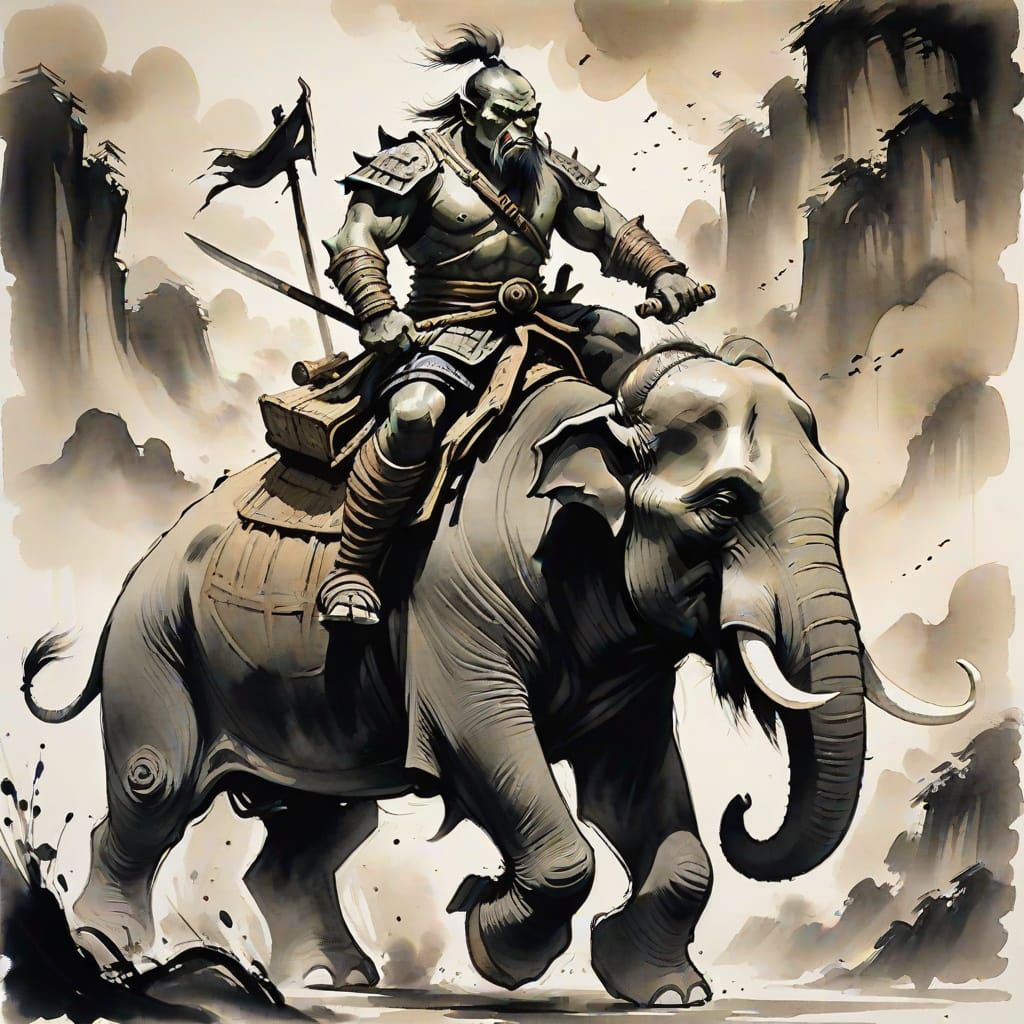 Orc Warrior on Elephant in Sumi-e Ink Style
