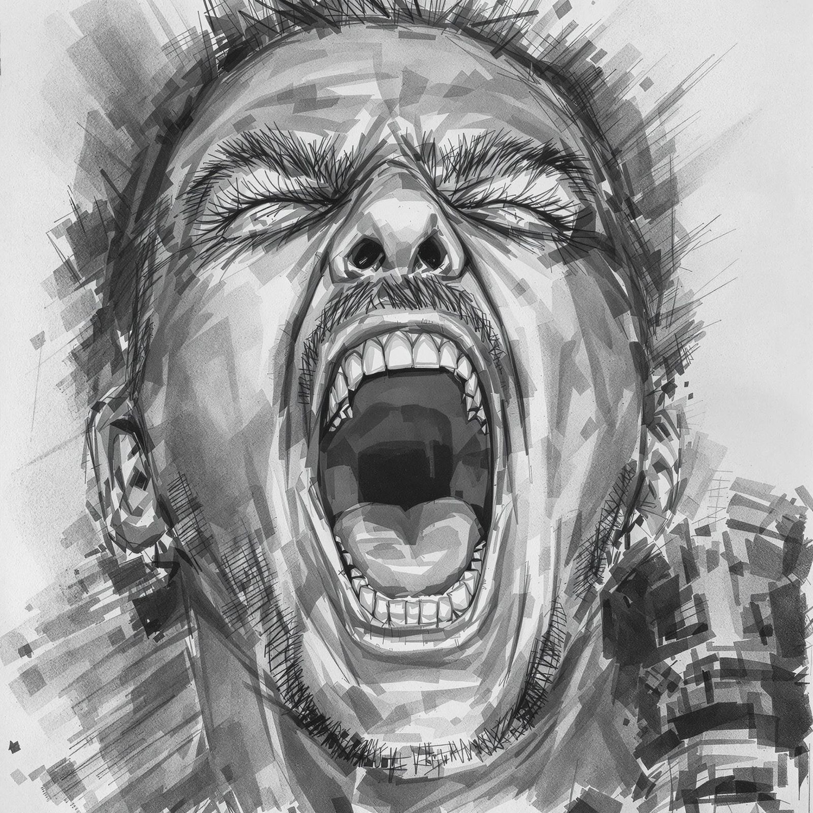 Expressive Charcoal Drawing of a Screaming Man