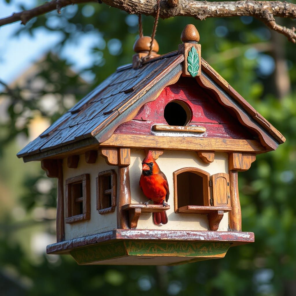 An elaborate painted birdhouse that looks like a Swiss chale...