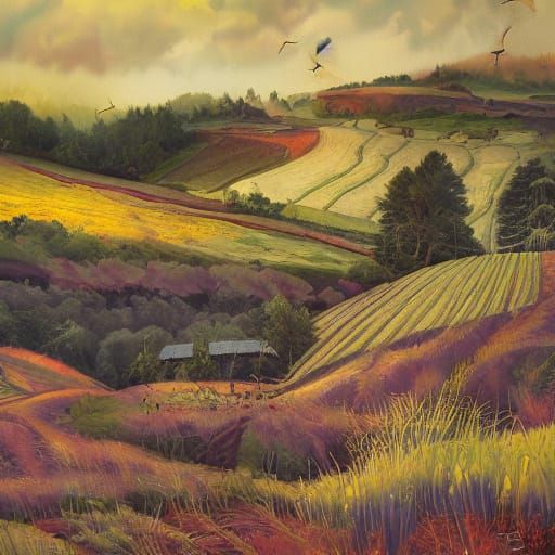Rural Farm in Grotesque Oil Painting Style