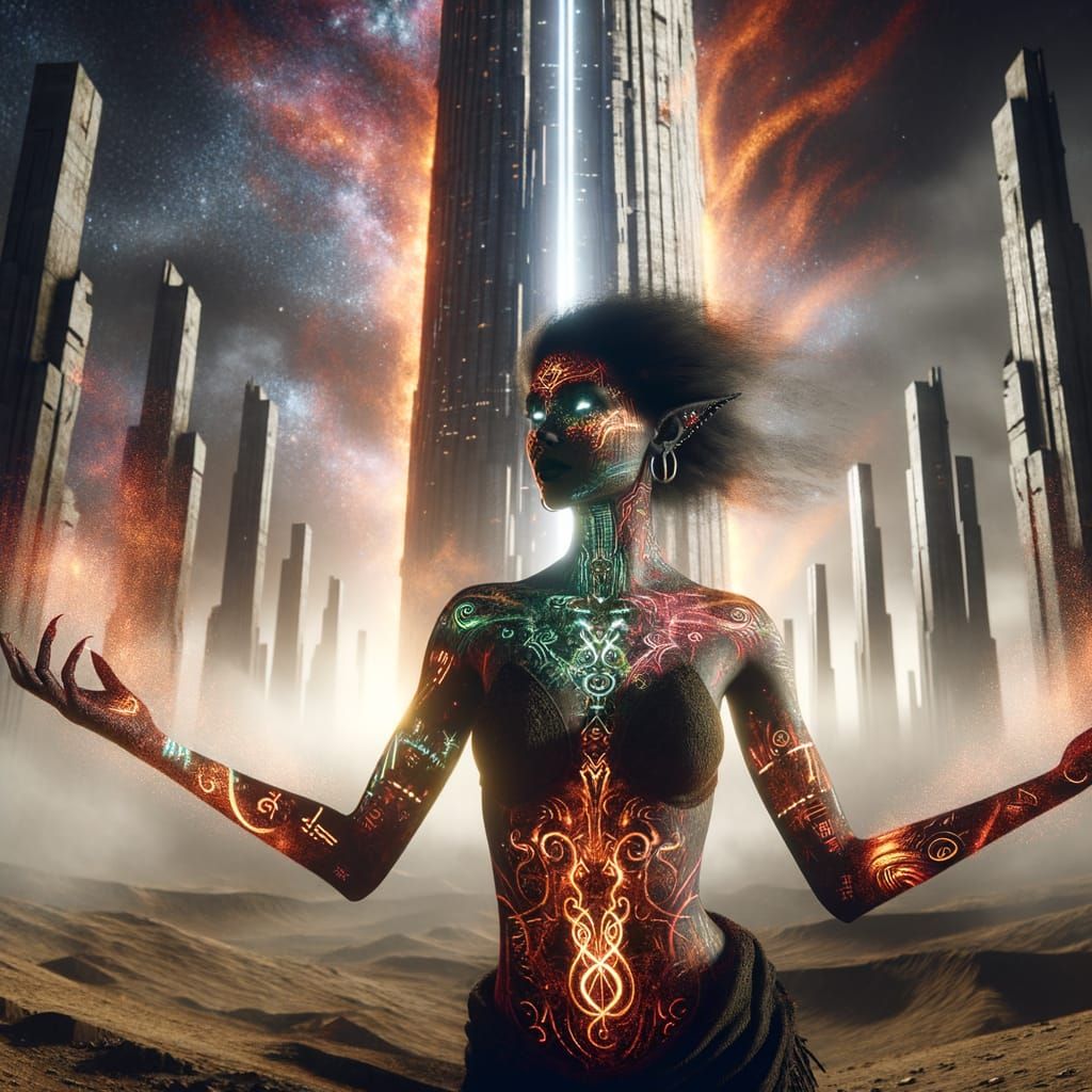 Dark Elf Witch Ascends Amidst Cyberpunk Ruins