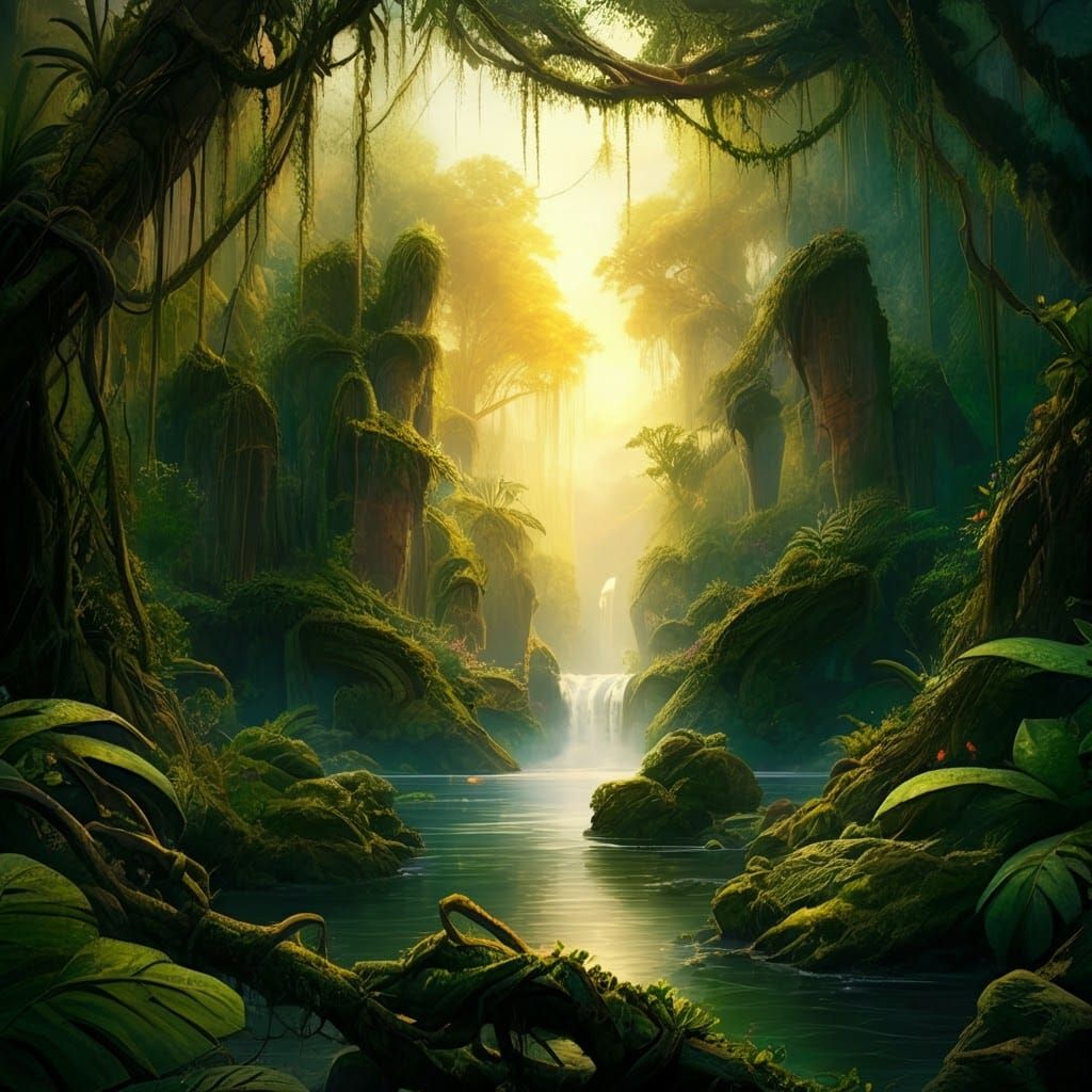 Impressionistic Jungle River at Sunset Panorama