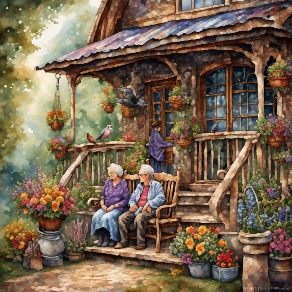 Elderly Couple Enjoying Nature in Tapestry Style