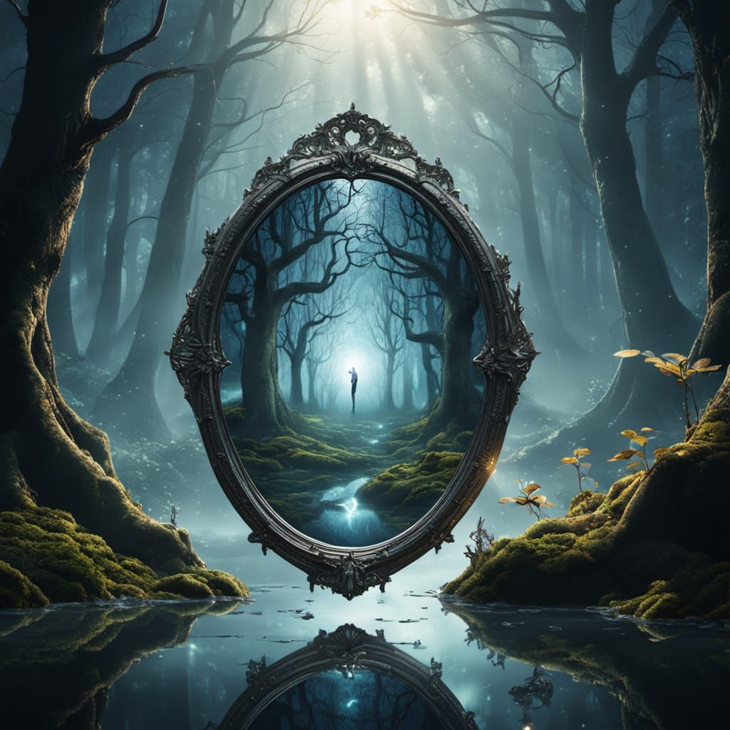 Mystical Forest Portal Reflected in Ancient Mirror