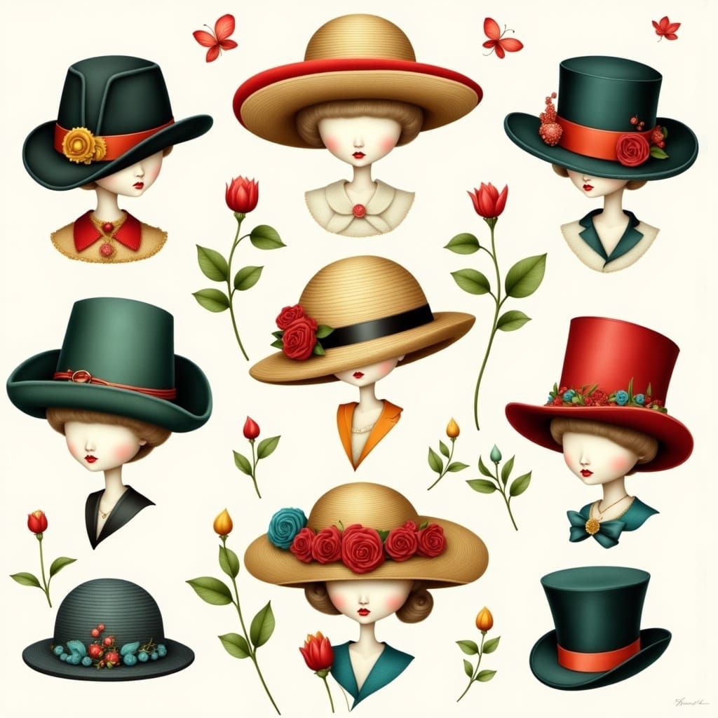 Whimsical Hat Collection in Vintage Children's Book Style