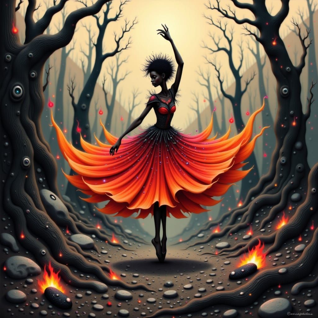 Fiery Sprite Ballerina in Charred Landscape, Anime Style