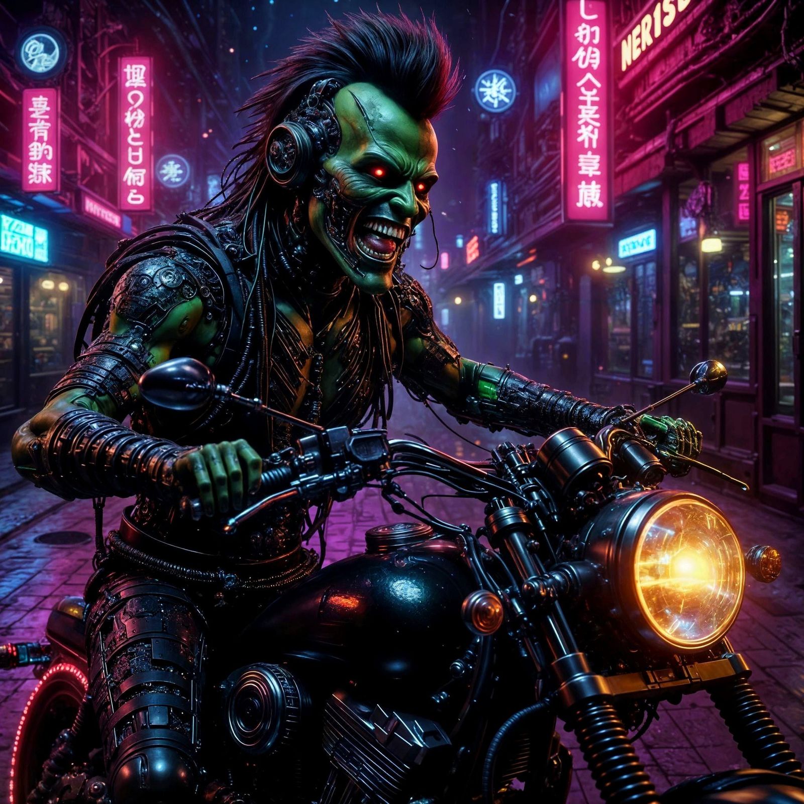 Cyberpunk Ork Rides Motorcycle by Neon Bar