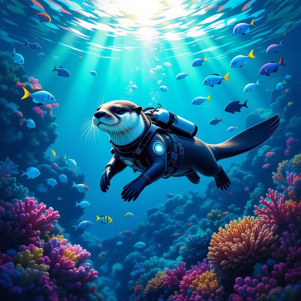 Fashion Otter Explores Bioluminescent Coral Reef