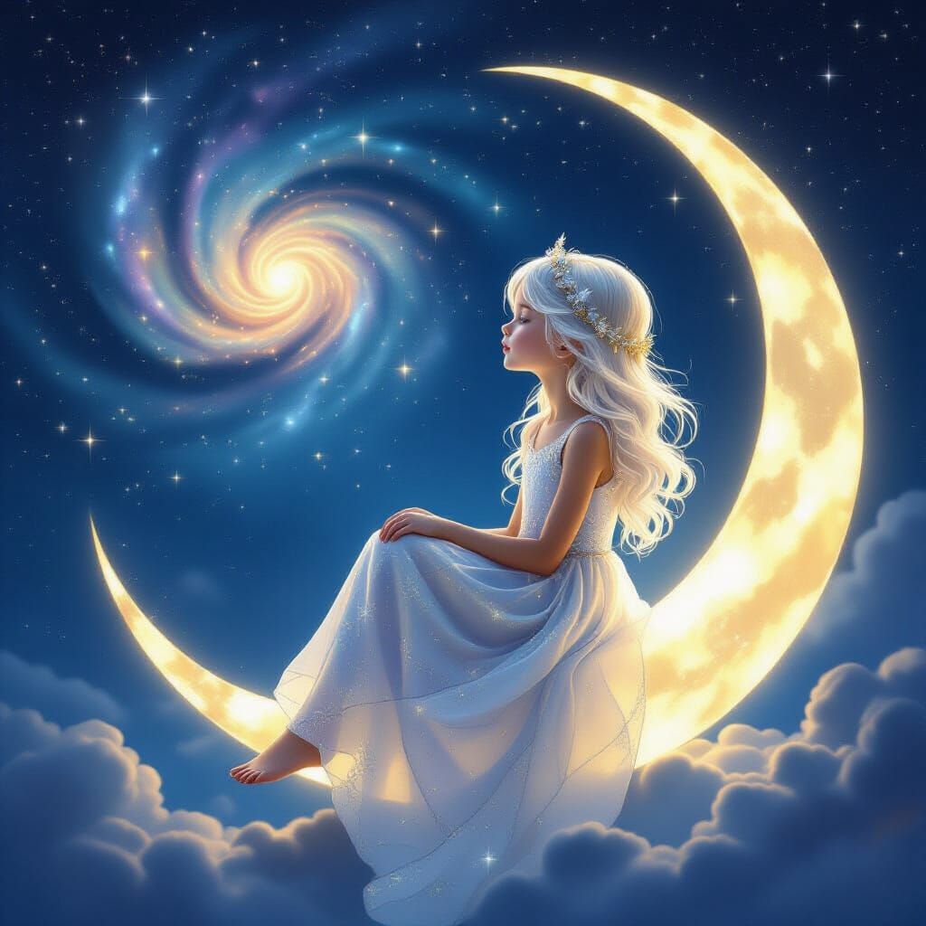 Girl on Crescent Moon Gazing at Cosmic Nebula