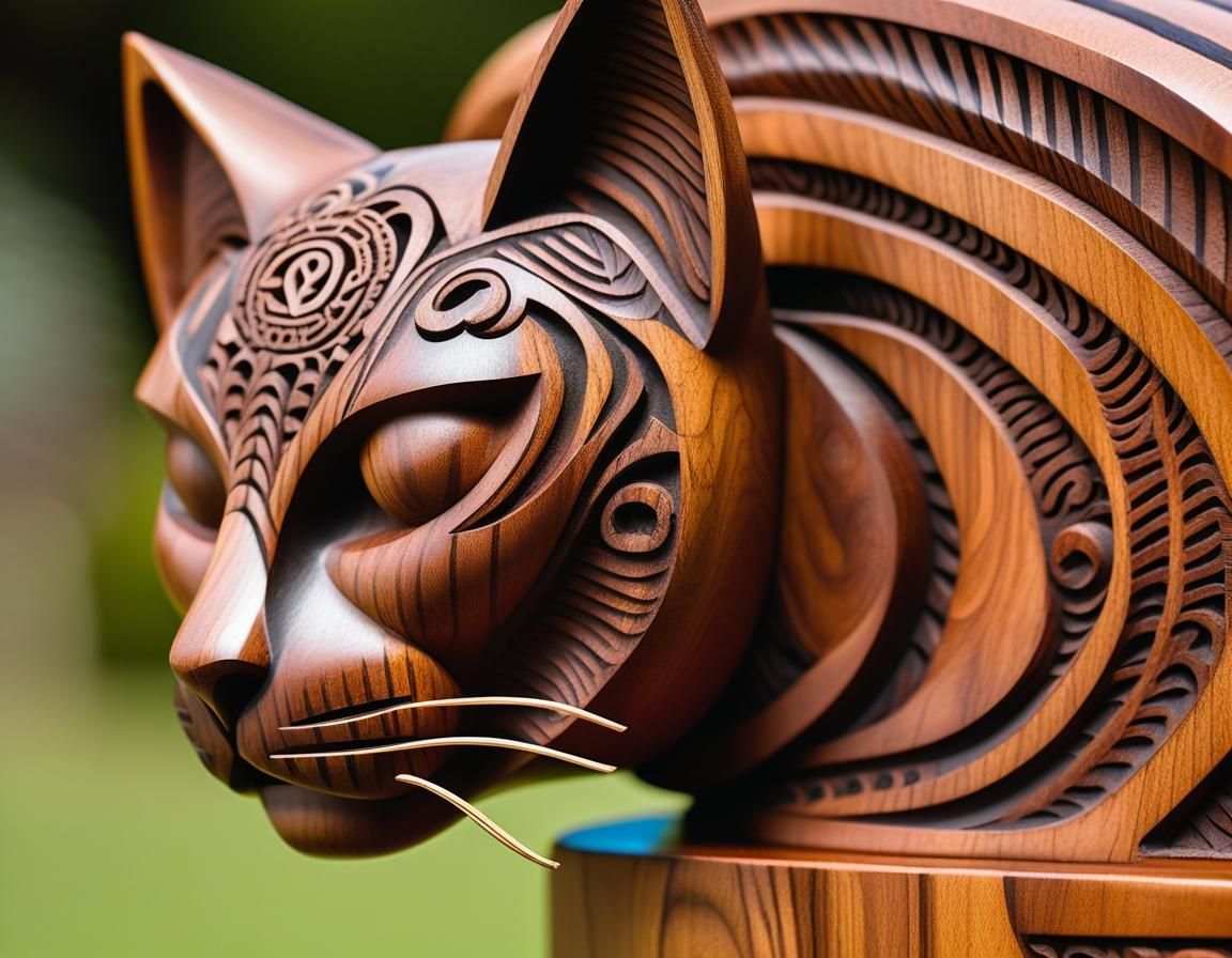 Maori Carved Wooden Cat Sculpture