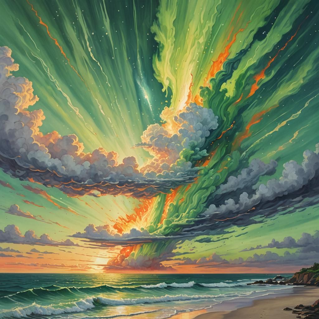 Comet Streaking Across Green Sky, Gouache Painting