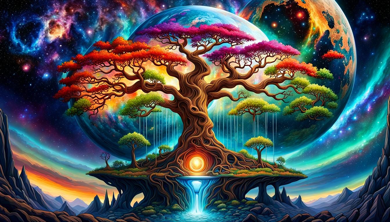 Anthropomorphic Yggdrasil in Hourglass Before Cosmic Nebula