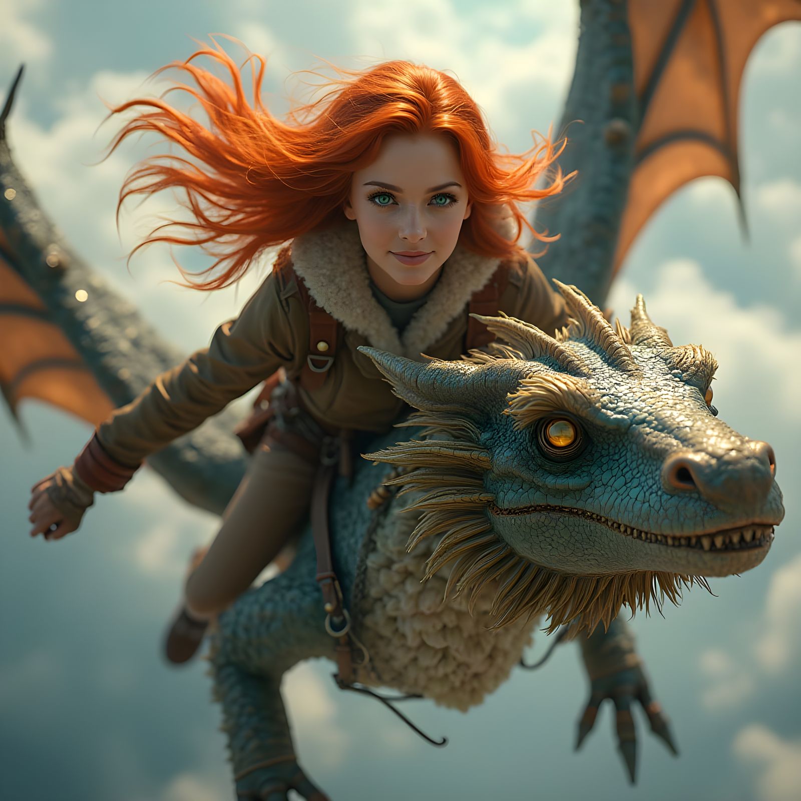 Smiling Adventurer Dives with Majestic Steampunk Dragon