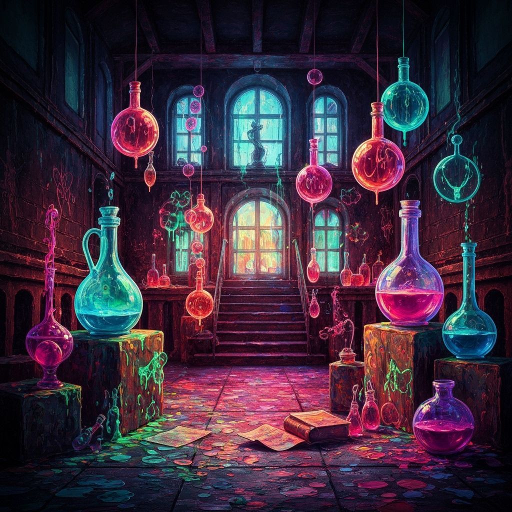 Magic School with Glowing Potions, Hyperrealistic Art