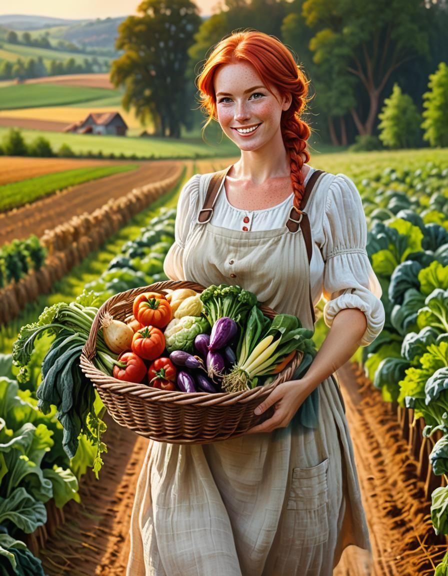 Happy Woman Farmer with Vegetables in Rural Landscape