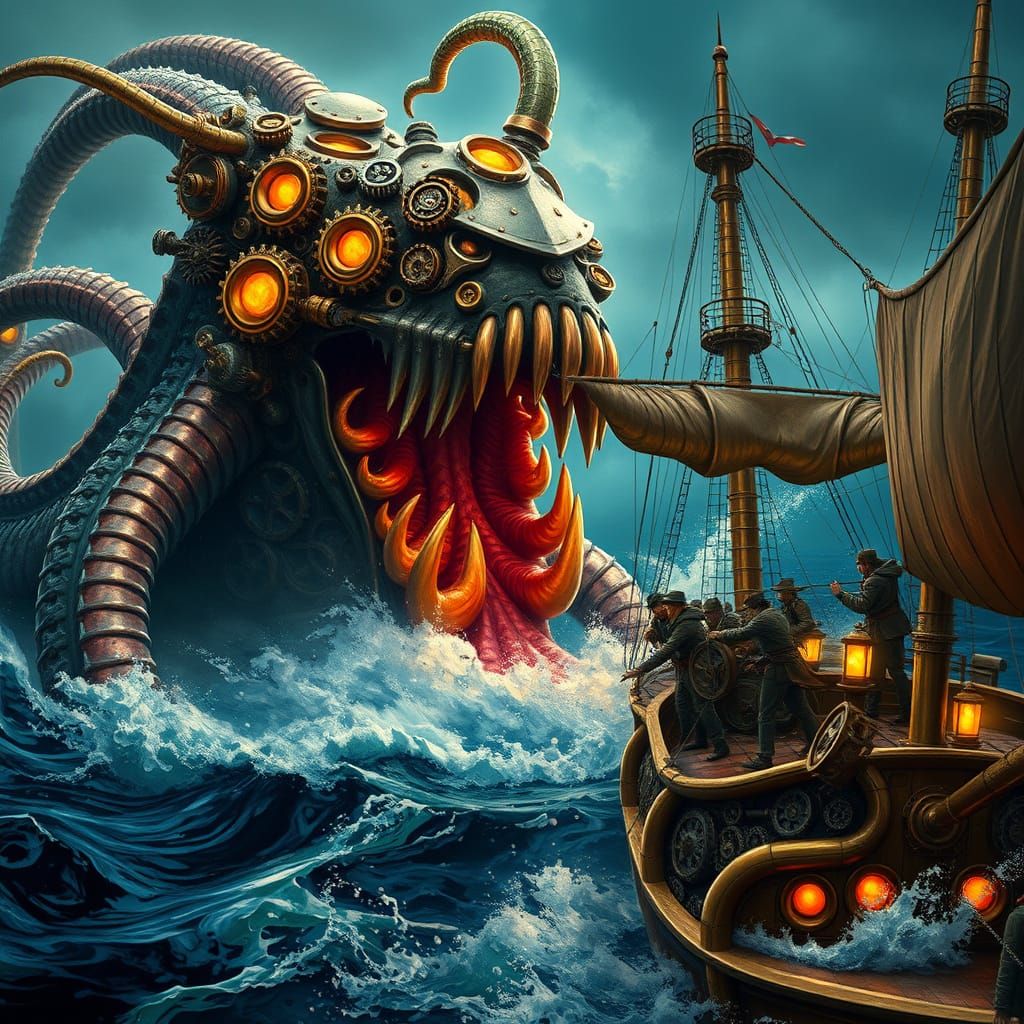 Steampunk Kraken Attacks Galleon in Stormy Sea