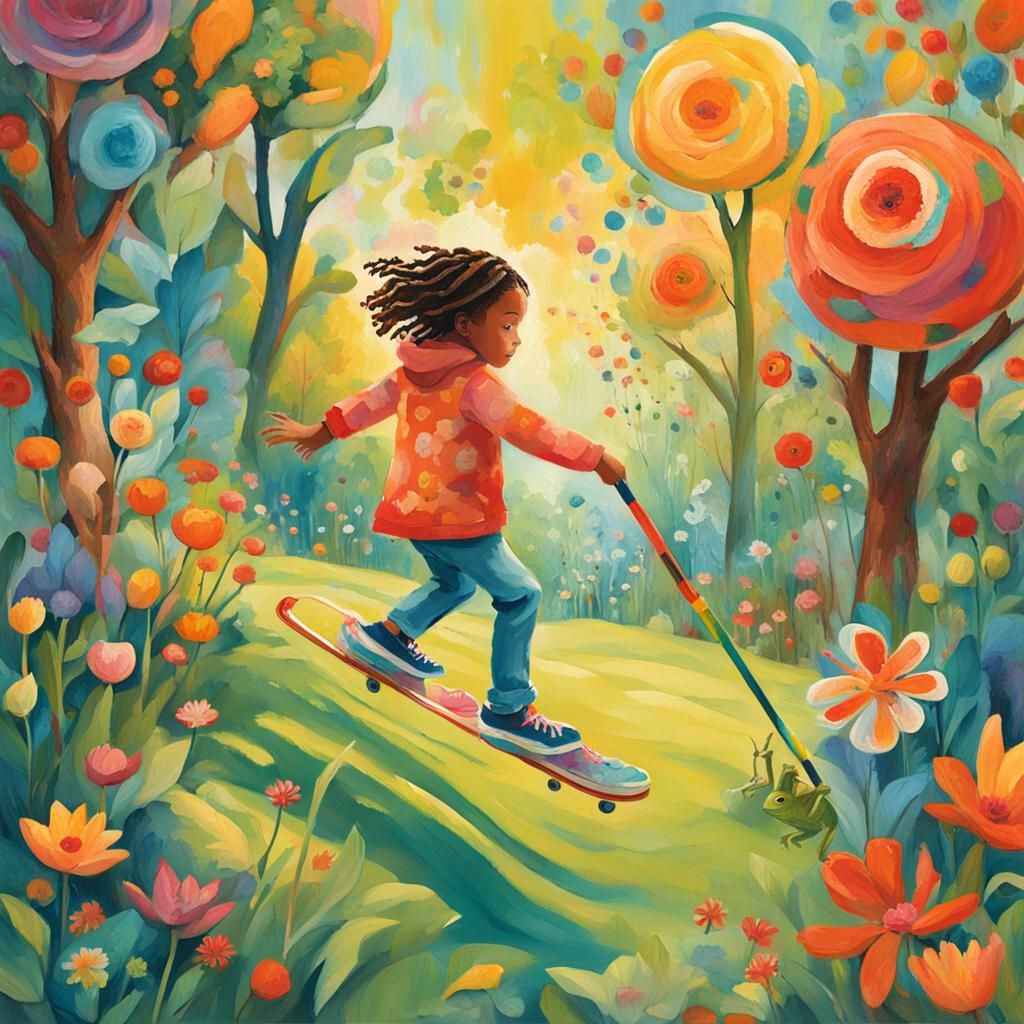 Whimsical Abstract Art of Child Leading Animals