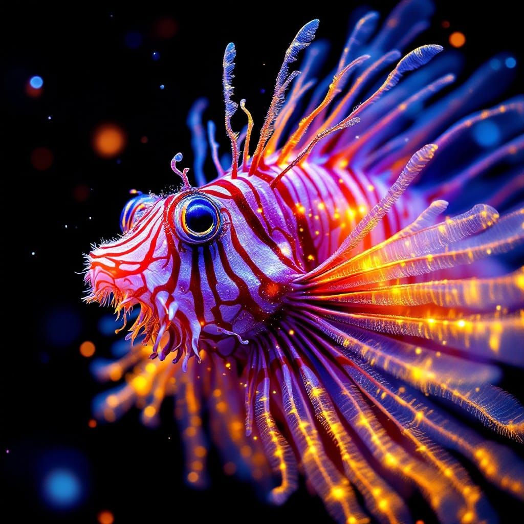 Dreamlike Lionfish Portrait in Vibrant, Triadic Colors
