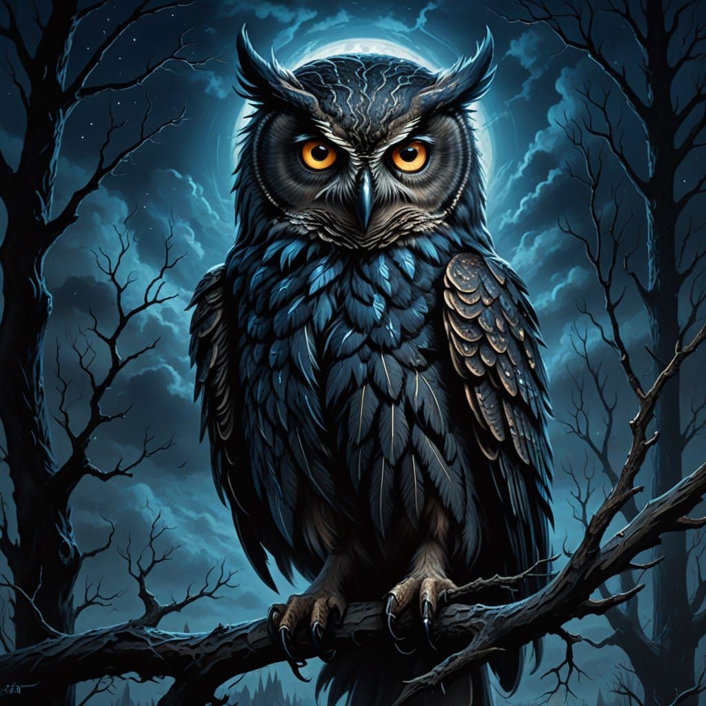 Humanoid Owl Necromancer Casts Spells: Gothic Oil Painting