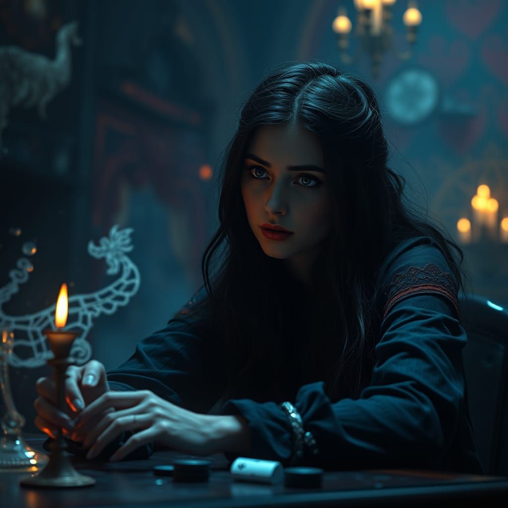 Mystical Woman in Dimly Lit, Eerie Atmosphere, Fantasy Conce...