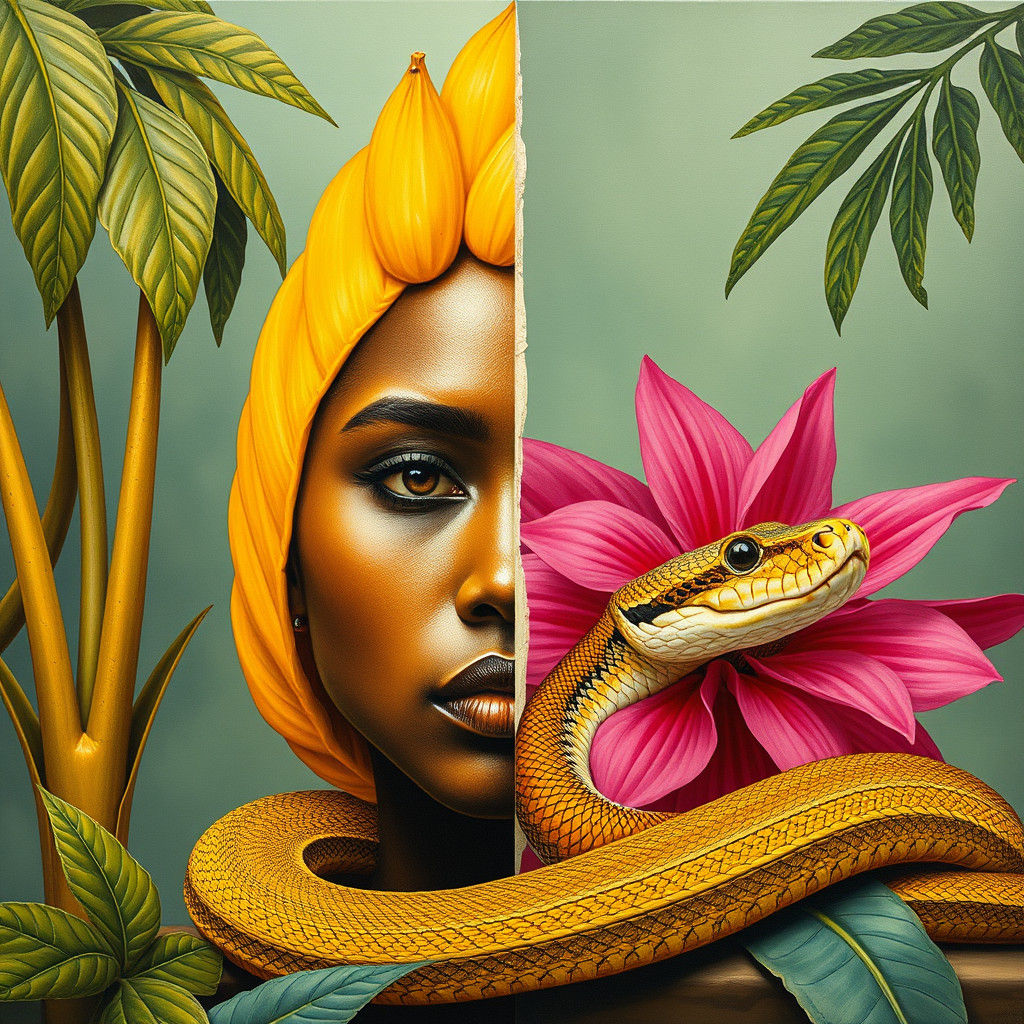 Golden Jungle Portrait with Snake in Art Nouveau Style