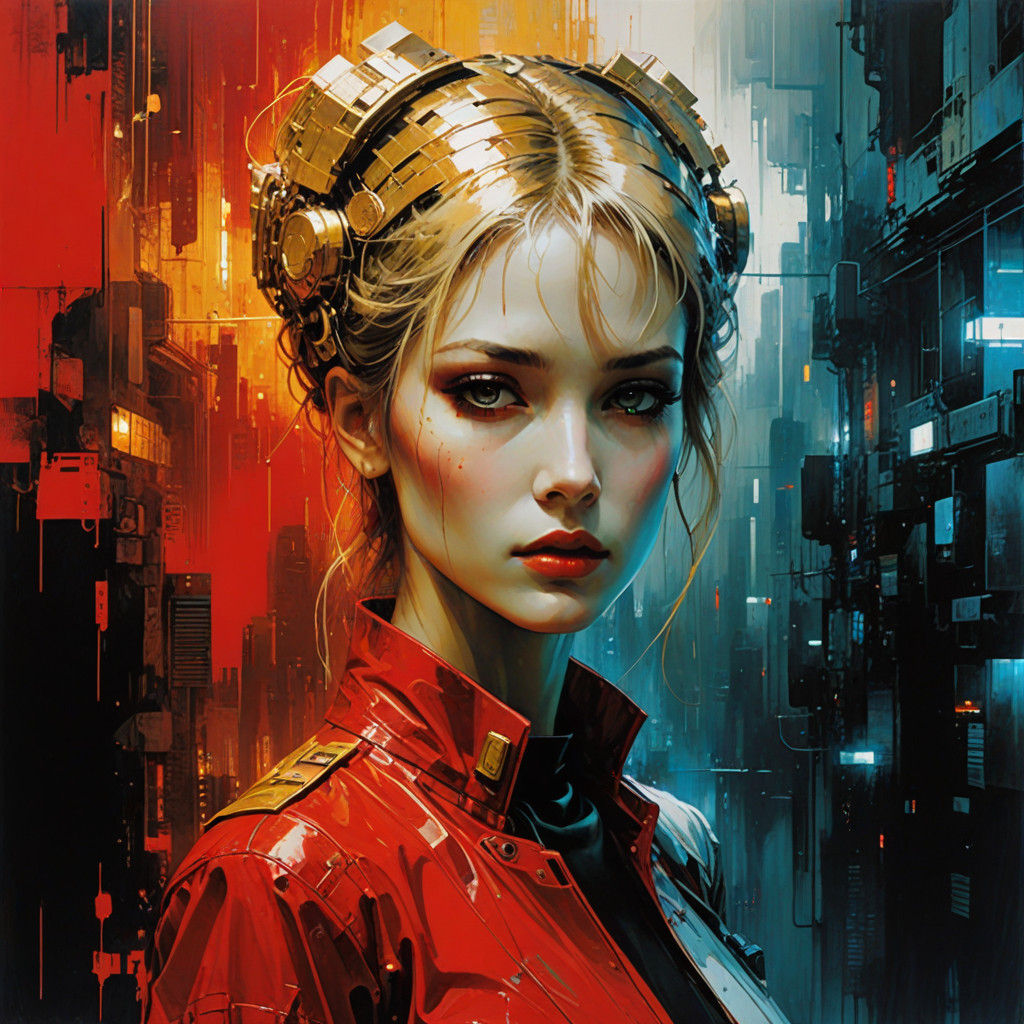 beautiful Cyberpunk English Lady, Stunning, dramatic, red pa...