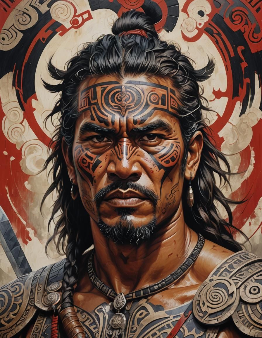 Fierce Maori Warrior Portrait in Expressive Tribal Art