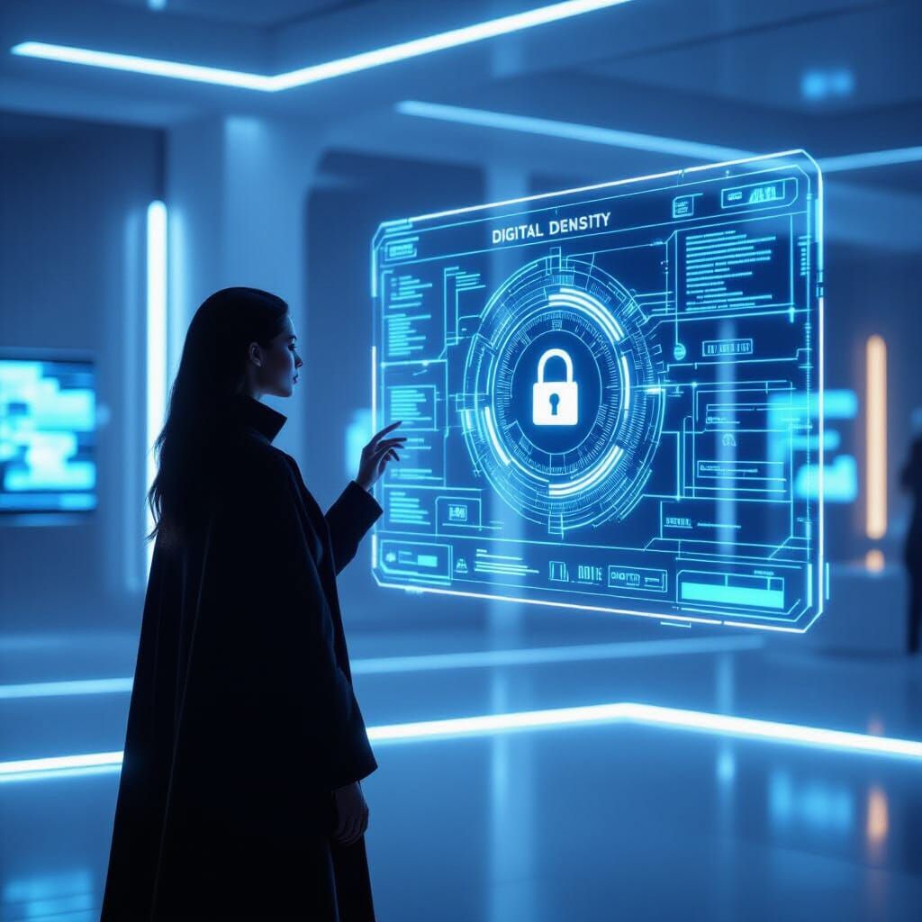 Futuristic Figure Interacts with Holographic Data Interface