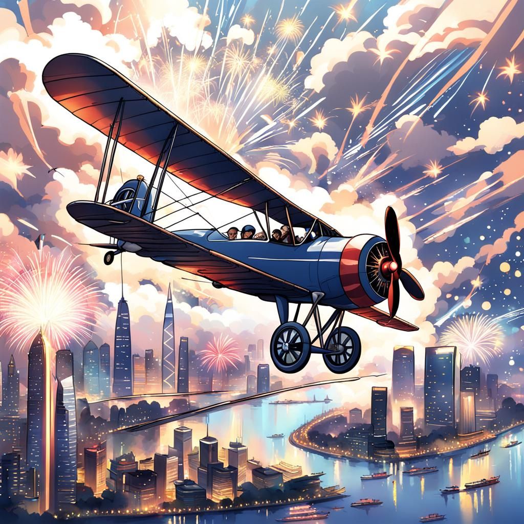 Biplane Over Shanghai: Anime Art with Fireworks