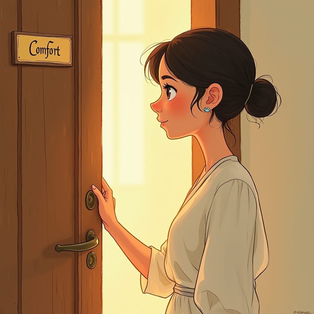 Contemplative Figure Stands Before Comfort Door in Whimsical...